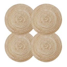 4 Pcs Woven Ramie Placemats Round Linen Placemat Table Mats Glass Coffee Time Teapot Home Decoration 7 inch, Gold